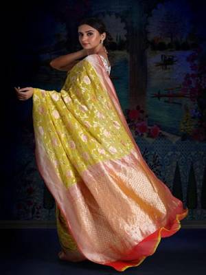 Yellow Multicolor Pure Chiffon Banarasi Silk Saree 3