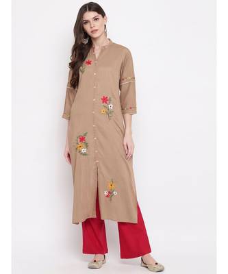 Women's Embroidered,Solid Straight Rayon Brown Kurti 1