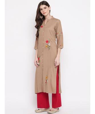 Women's Embroidered,Solid Straight Rayon Brown Kurti 2