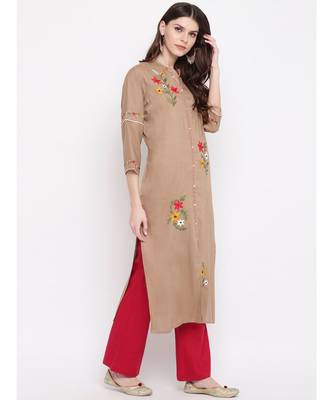 Women's Embroidered,Solid Straight Rayon Brown Kurti 3