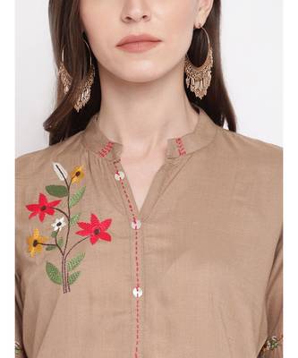 Women's Embroidered,Solid Straight Rayon Brown Kurti 5