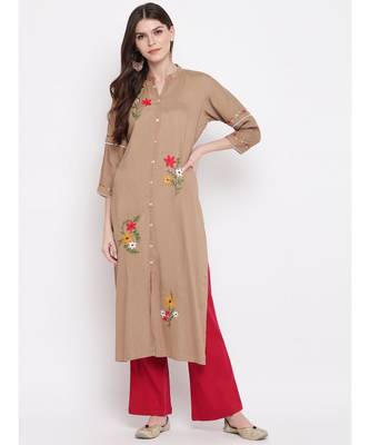 Women's Embroidered,Solid Straight Rayon Brown Kurti 6