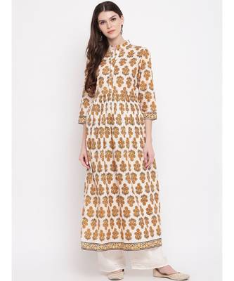 Women'S Floral Print,Gota Patti Work Anarkali Cotton Beige Kurti 1