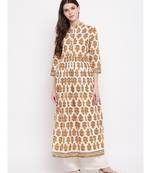 Women'S Floral Print,Gota Patti Work Anarkali Cotton Beige Kurti