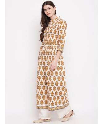 Women'S Floral Print,Gota Patti Work Anarkali Cotton Beige Kurti 2