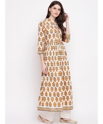 Women'S Floral Print,Gota Patti Work Anarkali Cotton Beige Kurti 3