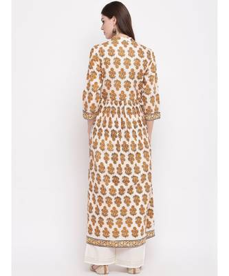 Women'S Floral Print,Gota Patti Work Anarkali Cotton Beige Kurti 4