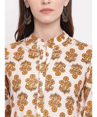 Women'S Floral Print,Gota Patti Work Anarkali Cotton Beige Kurti 5