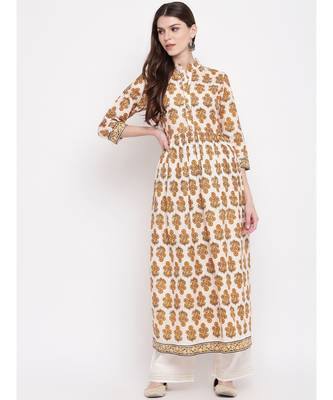 Women'S Floral Print,Gota Patti Work Anarkali Cotton Beige Kurti 6
