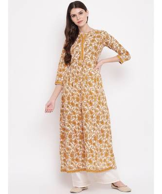 Women'S Kalamkari Print,Gota Patti Work Anarkali Cotton Beige Kurti 1