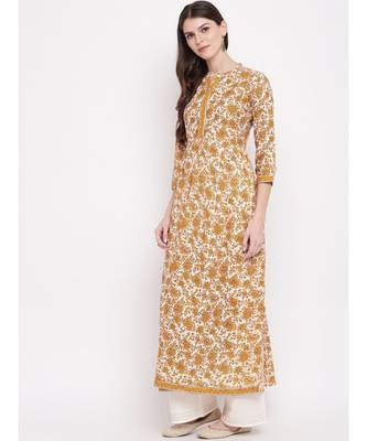 Women'S Kalamkari Print,Gota Patti Work Anarkali Cotton Beige Kurti 2
