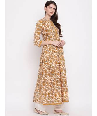 Women'S Kalamkari Print,Gota Patti Work Anarkali Cotton Beige Kurti 3