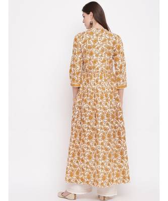 Women'S Kalamkari Print,Gota Patti Work Anarkali Cotton Beige Kurti 4