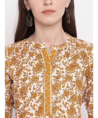 Women'S Kalamkari Print,Gota Patti Work Anarkali Cotton Beige Kurti 5