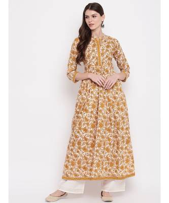 Women'S Kalamkari Print,Gota Patti Work Anarkali Cotton Beige Kurti 6