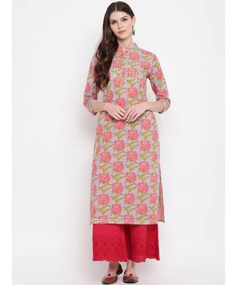Women'S Floral Print,Gota Patti Work Straight Cotton Grey Kurti 1