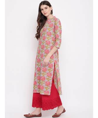 Women'S Floral Print,Gota Patti Work Straight Cotton Grey Kurti 2