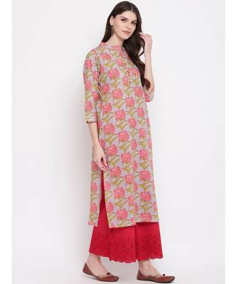 Women'S Floral Print,Gota Patti Work Straight Cotton Grey Kurti 3