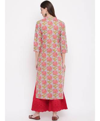 Women'S Floral Print,Gota Patti Work Straight Cotton Grey Kurti 4