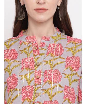 Women'S Floral Print,Gota Patti Work Straight Cotton Grey Kurti 5