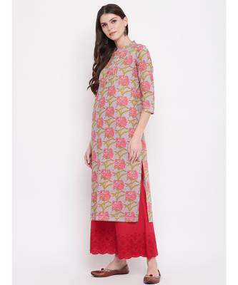 Women'S Floral Print,Gota Patti Work Straight Cotton Grey Kurti 6