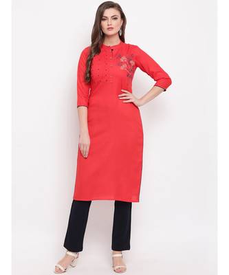 Women'S Resham Embroidery Straight Rayon Red Kurti 1