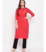 Women'S Resham Embroidery Straight Rayon Red Kurti