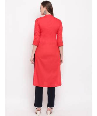 Women'S Resham Embroidery Straight Rayon Red Kurti 2
