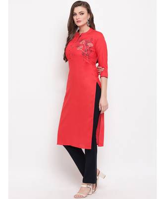 Women'S Resham Embroidery Straight Rayon Red Kurti 3