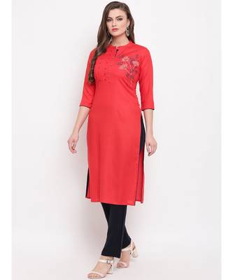 Women'S Resham Embroidery Straight Rayon Red Kurti 6
