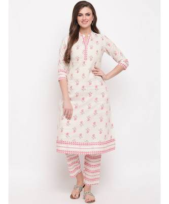 Women'S Floral Print & Embroidered A-Line Cotton White Kurti 1