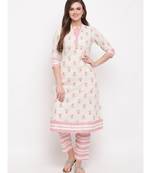 Women'S Floral Print & Embroidered A-Line Cotton White Kurti