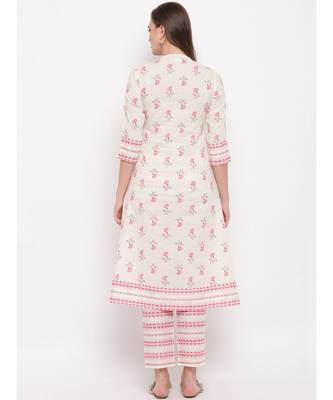 Women'S Floral Print & Embroidered A-Line Cotton White Kurti 2