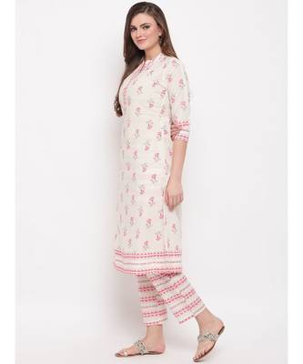 Women'S Floral Print & Embroidered A-Line Cotton White Kurti 3