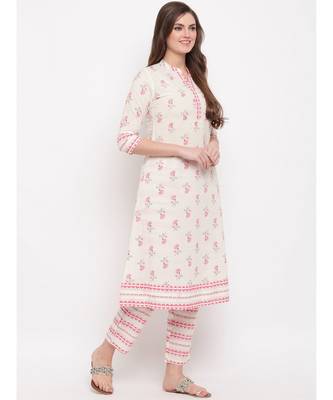Women'S Floral Print & Embroidered A-Line Cotton White Kurti 4
