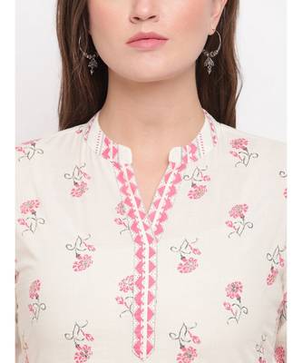 Women'S Floral Print & Embroidered A-Line Cotton White Kurti 5