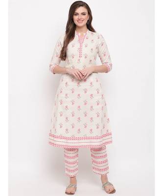 Women'S Floral Print & Embroidered A-Line Cotton White Kurti 6