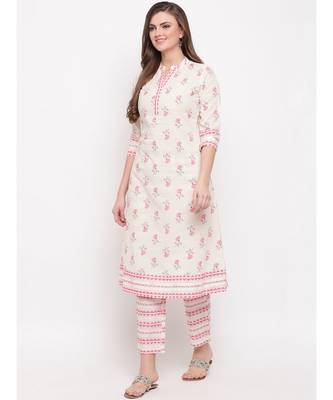 Women'S Floral Print & Embroidered A-Line Cotton White Kurti 7