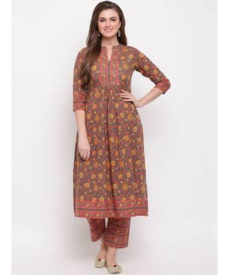 Women'S Floral Print & Hand Work Flared With Side Cut Cotton Grey Kurti 1