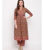 Women'S Floral Print & Hand Work Flared With Side Cut Cotton Grey Kurti