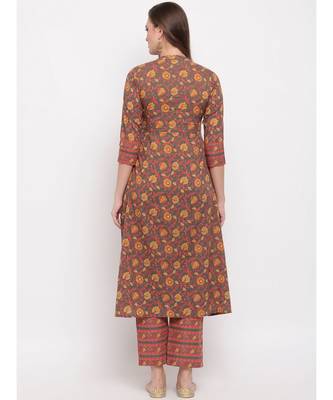 Women'S Floral Print & Hand Work Flared With Side Cut Cotton Grey Kurti 2