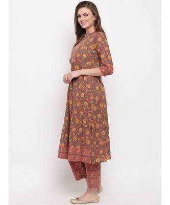 Women'S Floral Print & Hand Work Flared With Side Cut Cotton Grey Kurti 3