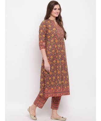 Women'S Floral Print & Hand Work Flared With Side Cut Cotton Grey Kurti 4