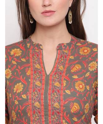 Women'S Floral Print & Hand Work Flared With Side Cut Cotton Grey Kurti 5