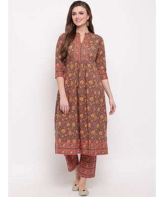 Women'S Floral Print & Hand Work Flared With Side Cut Cotton Grey Kurti 6