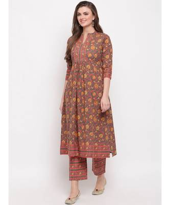 Women'S Floral Print & Hand Work Flared With Side Cut Cotton Grey Kurti 7