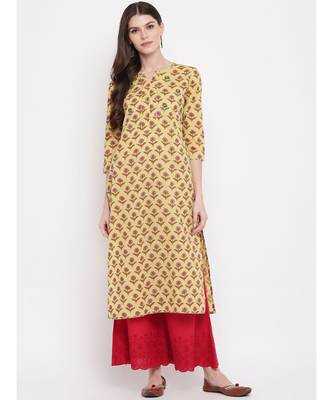 Women's Printed,Gota Patti Work, Sequience Work Straight Cotton Yellow Kurti 1