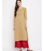 Women's Printed,Gota Patti Work, Sequience Work Straight Cotton Yellow Kurti