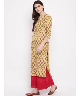 Women's Printed,Gota Patti Work, Sequience Work Straight Cotton Yellow Kurti 2
