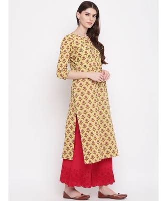 Women's Printed,Gota Patti Work, Sequience Work Straight Cotton Yellow Kurti 3